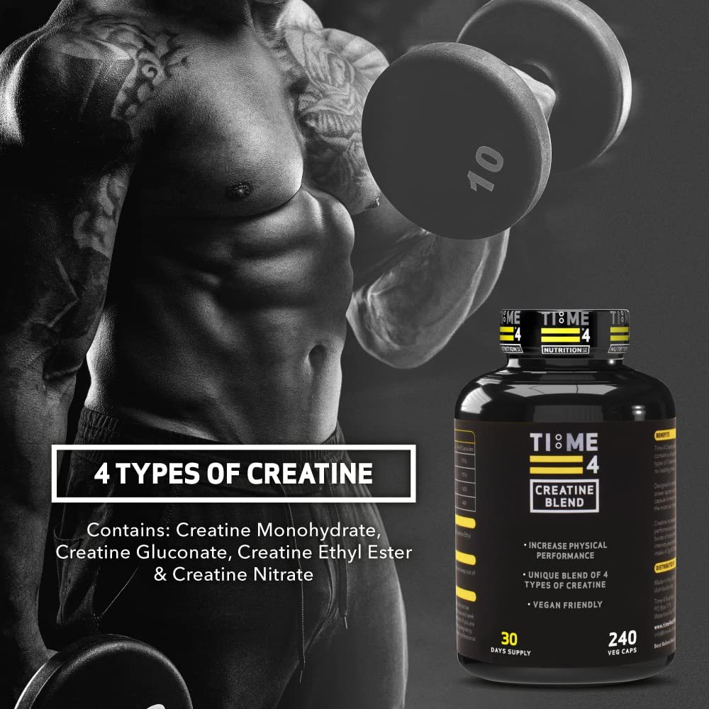 Time 4 Nutrition Time 4 Creatine Blend - 240 Creatine Capsules Not Creatine Tablets, 30 Day Supply, Unique Blend of 4 Types of Creatine, 6000mg Per Daily Serving Improve Muscle Strength Vegan Friendly & Gluten Free