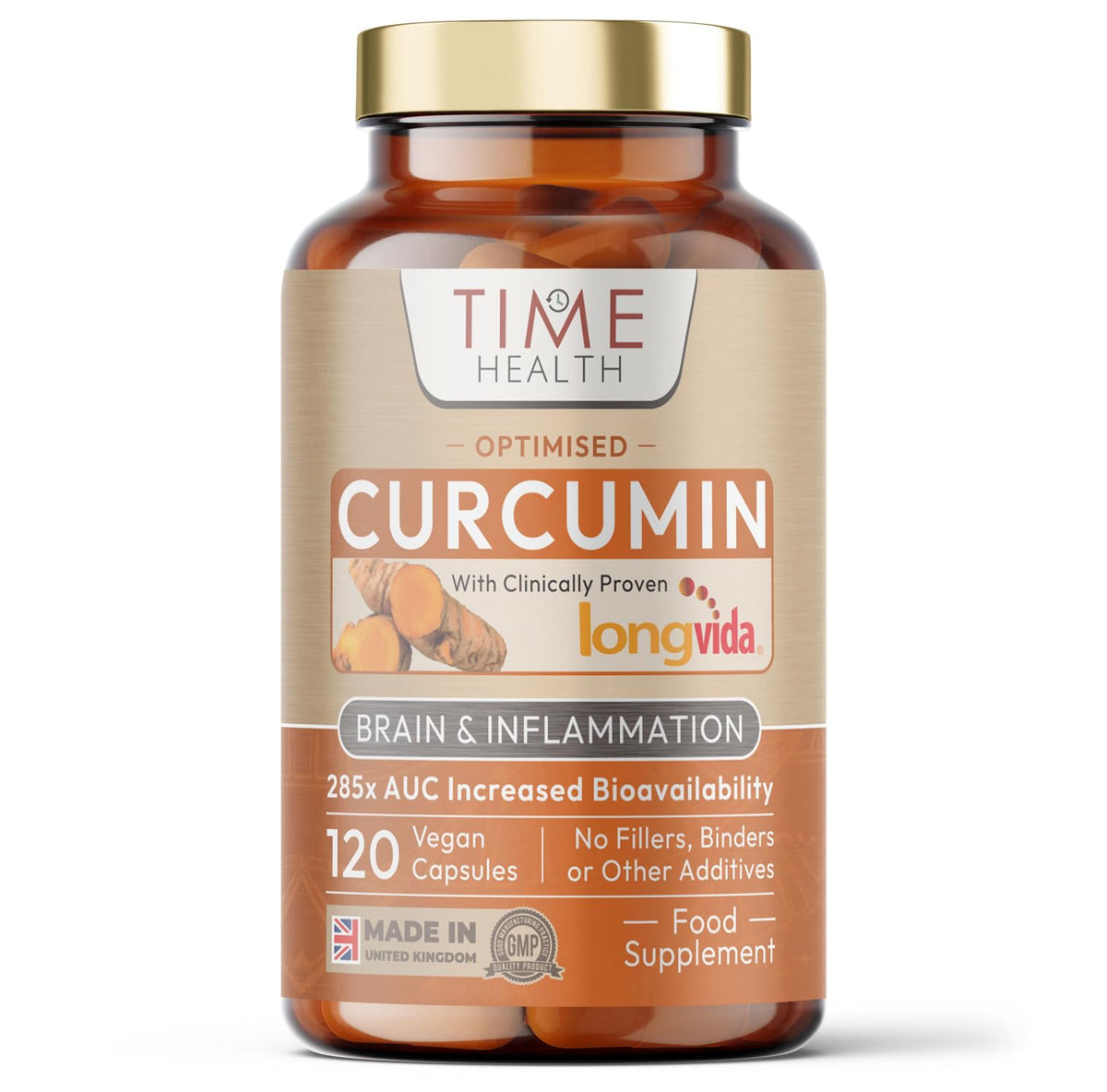 Time Health Longvida Curcumin - Clinically Studied - 285XAUC Increased Bioavailability - Vegan - Pullulan - UK Made - GMP Standards - Zero Additives