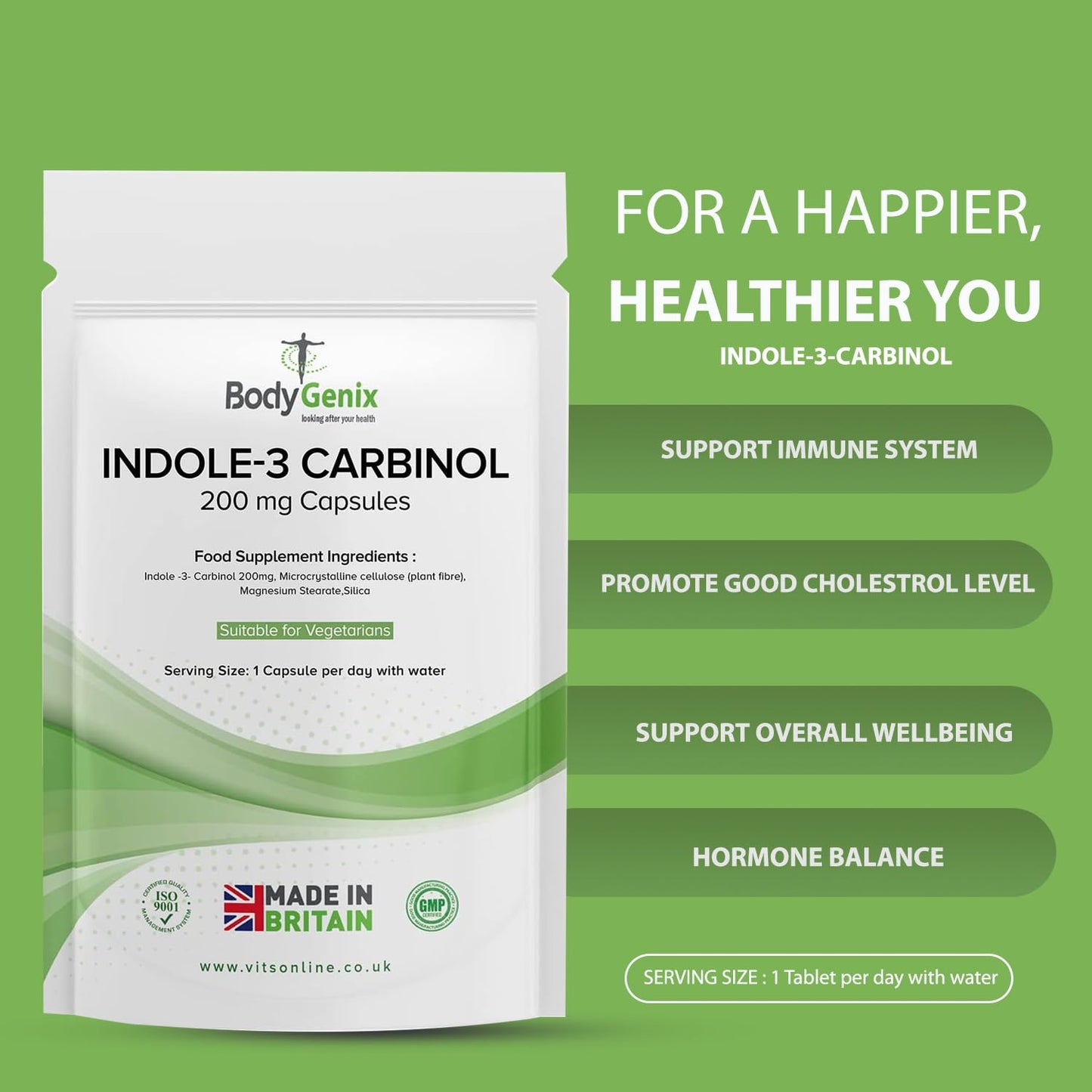 Bodygenix Indole-3 Carbinol 200mg Vegan Capsules Hormonal Balance Immune System Detoxification Support Natural Food Supplement - 60 Capsules 2 Month Supply