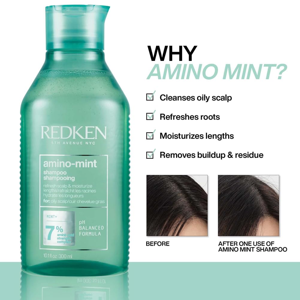 Redken Amino Mint Scalp Relief Shampoo For Oily Scalps, Purifying Cleanser Formulated With Amino Acids To Soothe The Scalp And Nourish Dry Lengths, 300ml
