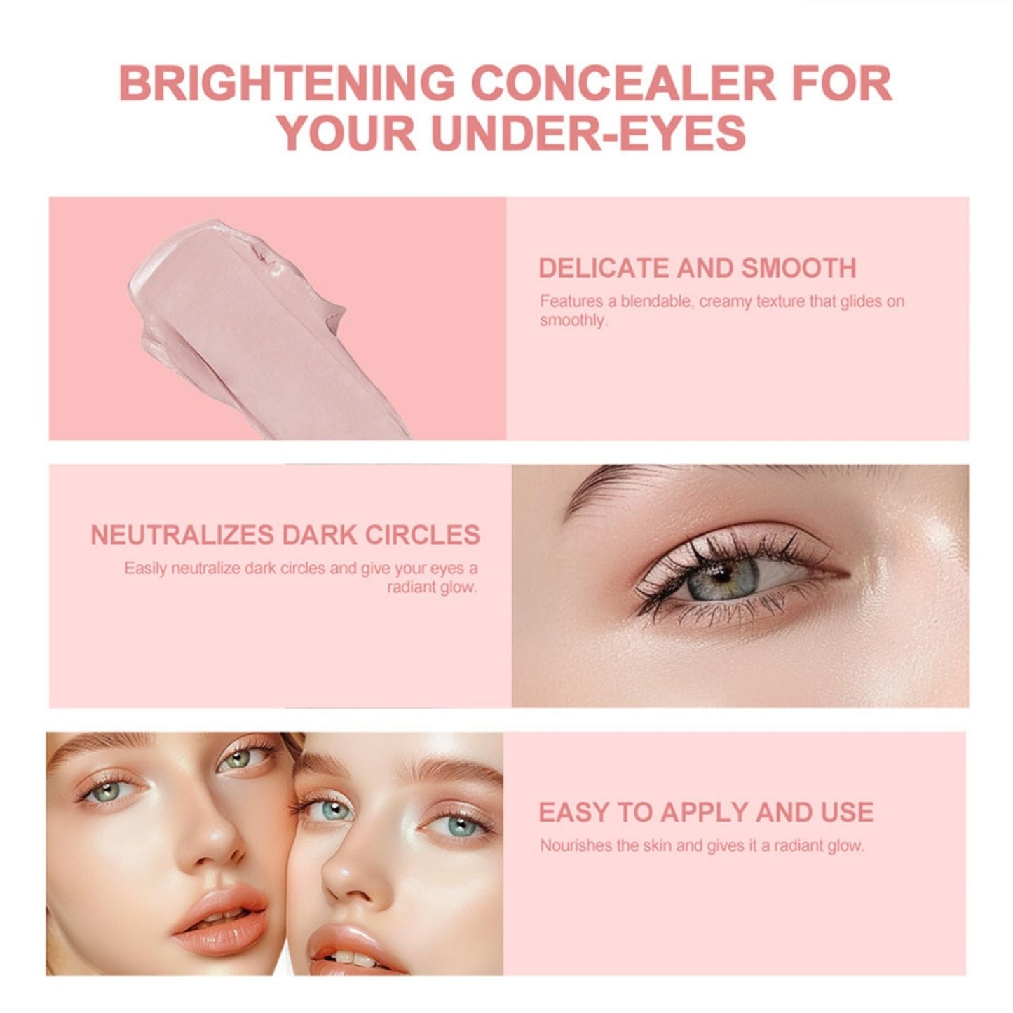 Full Coverage Under Eye Brightener & Under Eye Concealer - Long-Lasting Pink Correcting Cream for Dark Circles & Spots - All-in-One Highlighter, Foundation & Brightening Base