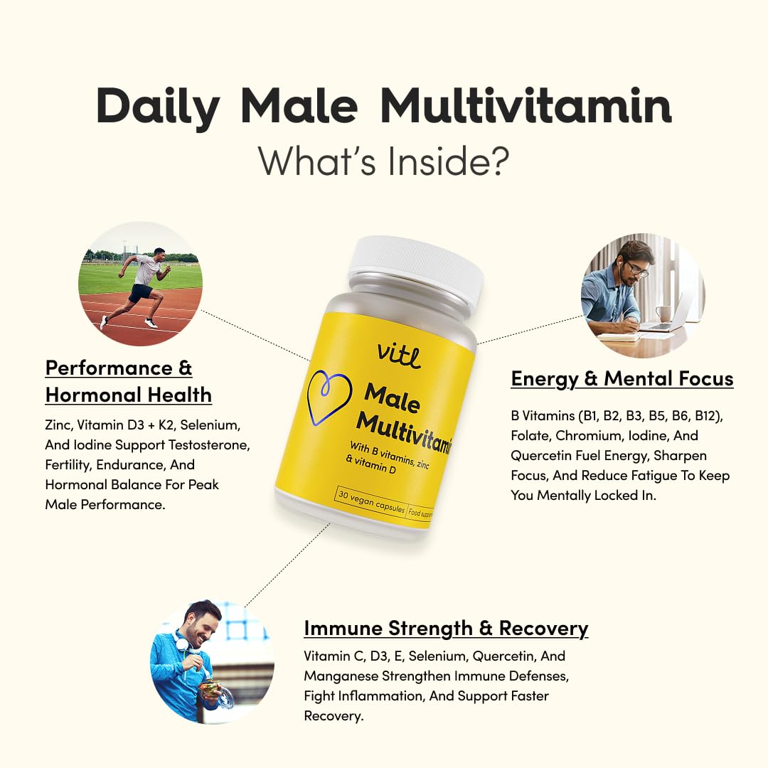 VITL Vitl Male Multivitamin & Minerals Supplement - 30 Vegan Capsules - 20 Essential Nutrients Including B Vitamins, Zinc, Vitamin D & Plant Extracts - Support Overall Male Wellbeing - 1 Month Supply