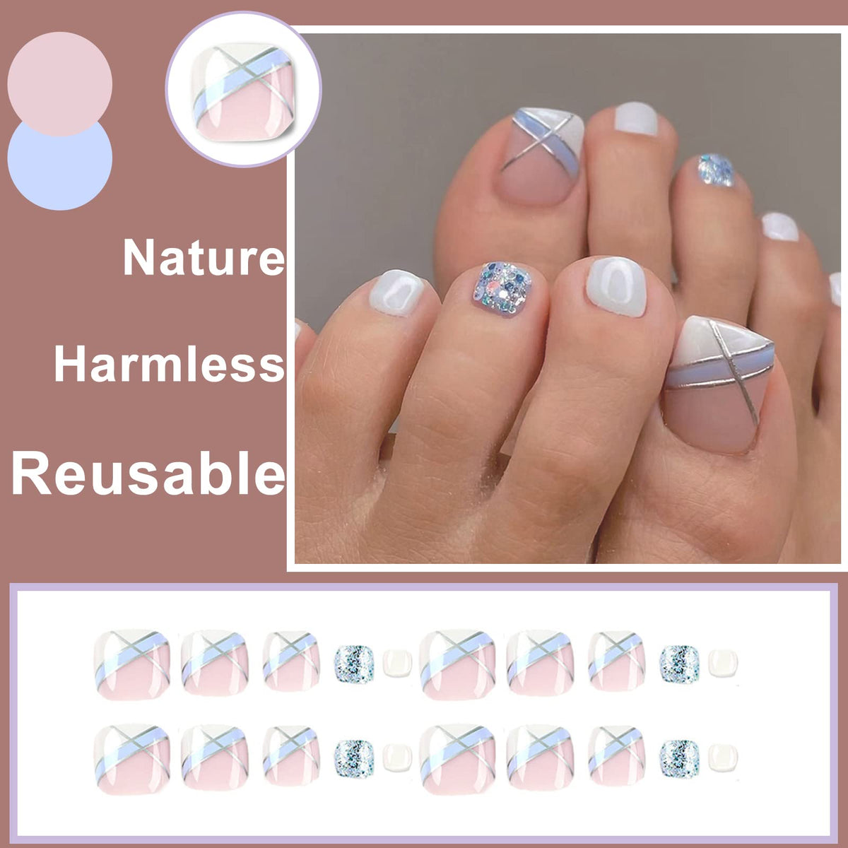 Ceboic 24Pcs Short False Toenails, Square French Fake Toe Nails, Acrylic Full Cover Stick on Toe Nails with Glitter Lines, Reusable Blue White Press on Toenails for Women and Girls Daily Decorations