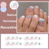 Ceboic 24Pcs Short False Toenails, Square French Fake Toe Nails, Acrylic Full Cover Stick on Toe Nails with Glitter Lines, Reusable Blue White Press on Toenails for Women and Girls Daily Decorations