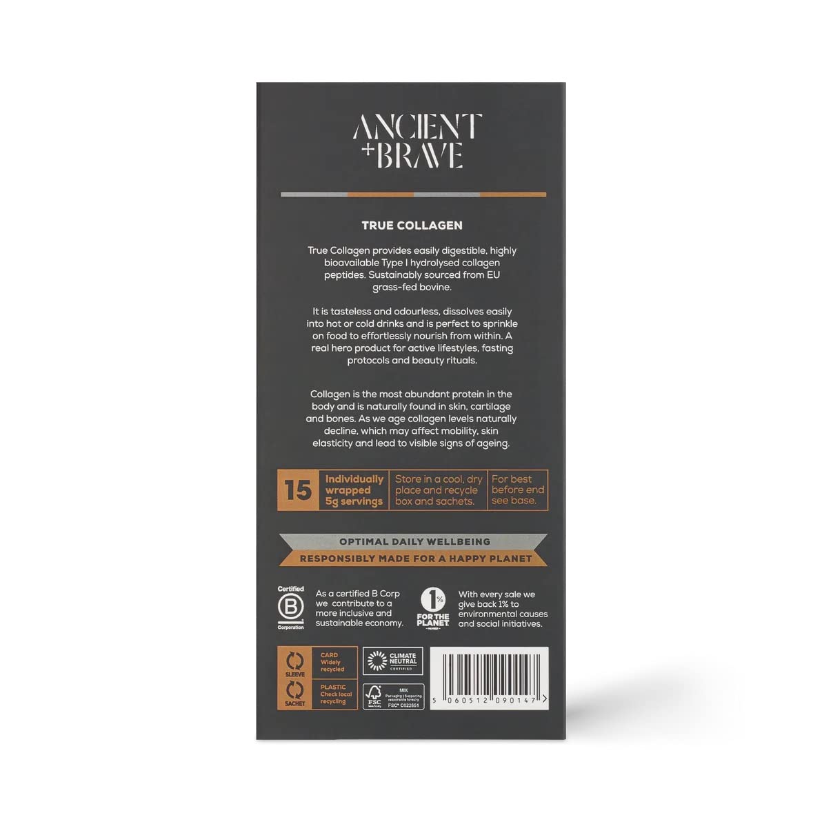 Ancient + Brave True Collagen Sachets 15 x 5 Grams - On-The-Go Collagen Powder - 100% Grass-Fed Hydrolysed Bovine Collagen Peptides - Paleo, Keto