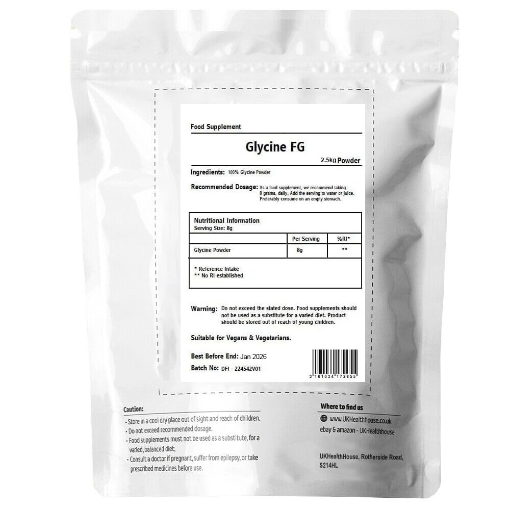 UKHealthHouse Glycine Powder 2.5kg - Anti Inflammatory Sleep Aid - Recovery GH Release 100% Pure Glycine Vegan Friendly Boosts Protein Synthesis White