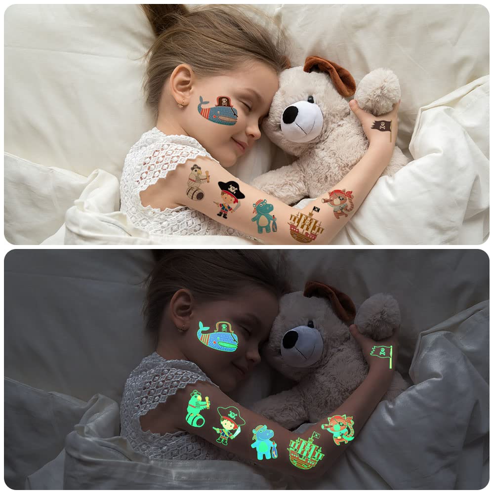 Aomig AOMIG Temporary Tattoo for Kids, 10 Sheets Glow In The Dark Cartoon Pirate Tattoo Stickers, Waterproof Luminous Fake Tattoo Stickers Set for Boys Girls Birthday Gift Party Bag Filler