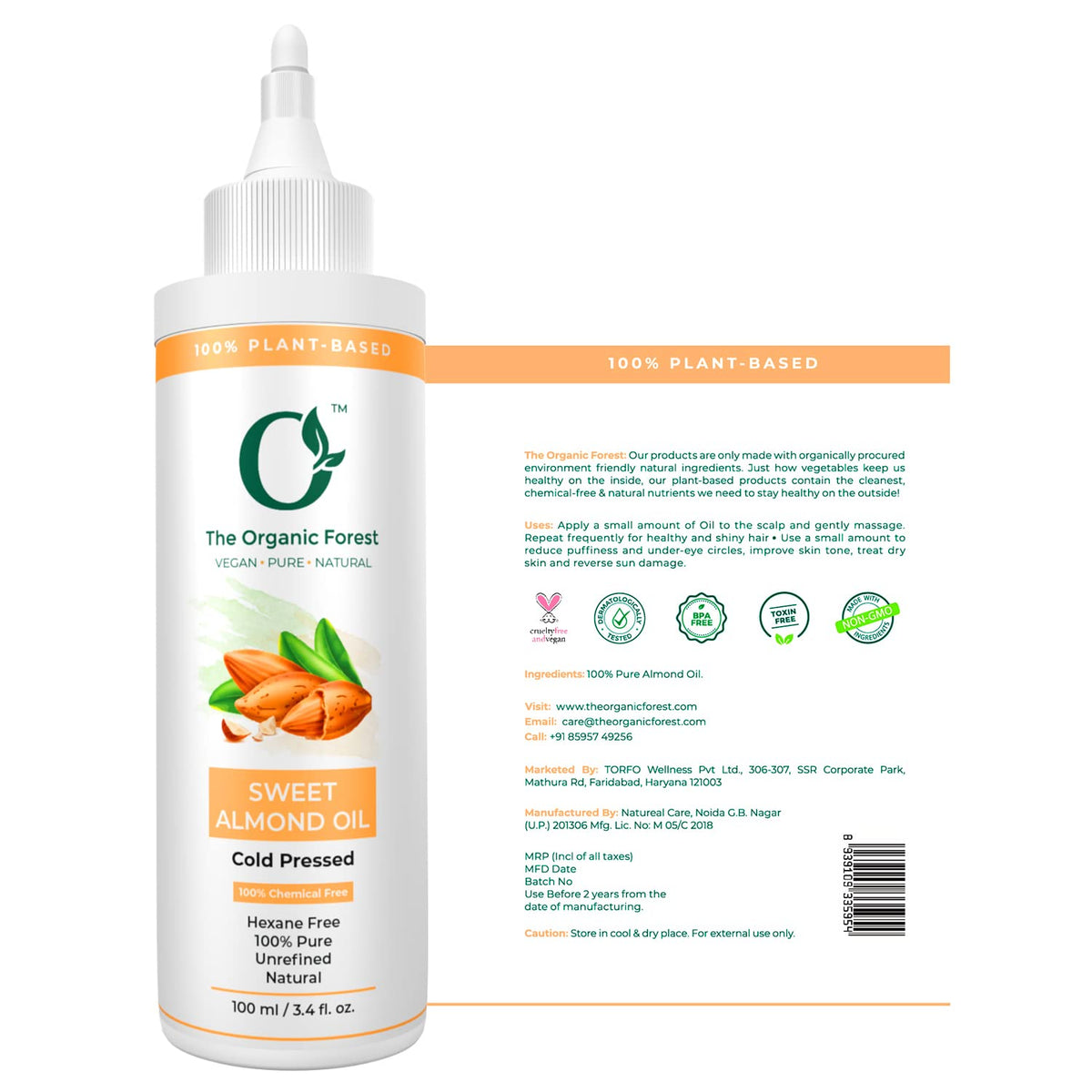 The Organic Forest – VEGAN . PURE . NATURAL Sweet Almond Oil For Skin, Face, Hair | Moisturizing Face Oil, Reduce Acne, Softens Hair, Unscented Badam Oil | 100% Pure Cold Pressed & Unrefined Almond Hair Oil | 100 ML