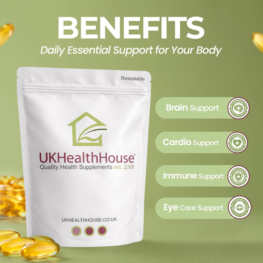 UKHealthHouse Cod Liver Oil Capsules 1000mg | High Strength Cod Liver Oil Capsules for Heart, Brain Health & Immune System | Rich in Omega 3 Fatty Acid, Fish Oil with EPA & DHA | 60 Softgels