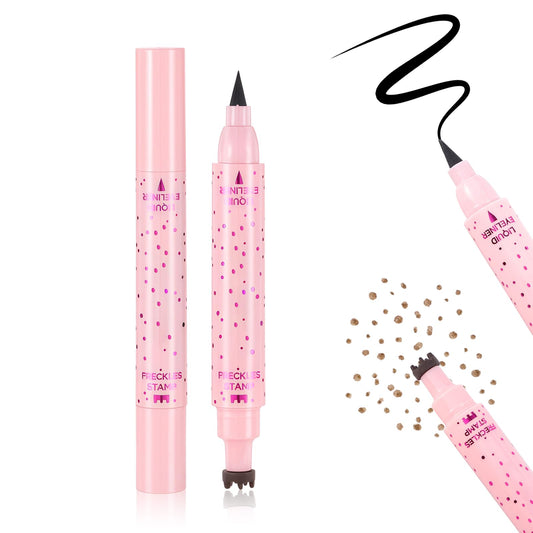 Prreal Eyeliner Freckle Pen,2 in 1 Light Brown Freckle Stamp and Black Liquid Eyeliner,Waterproof,Quick Dry,Natural Lifelike Freckles Makeup,Magic Fake Freckles Pen, 01