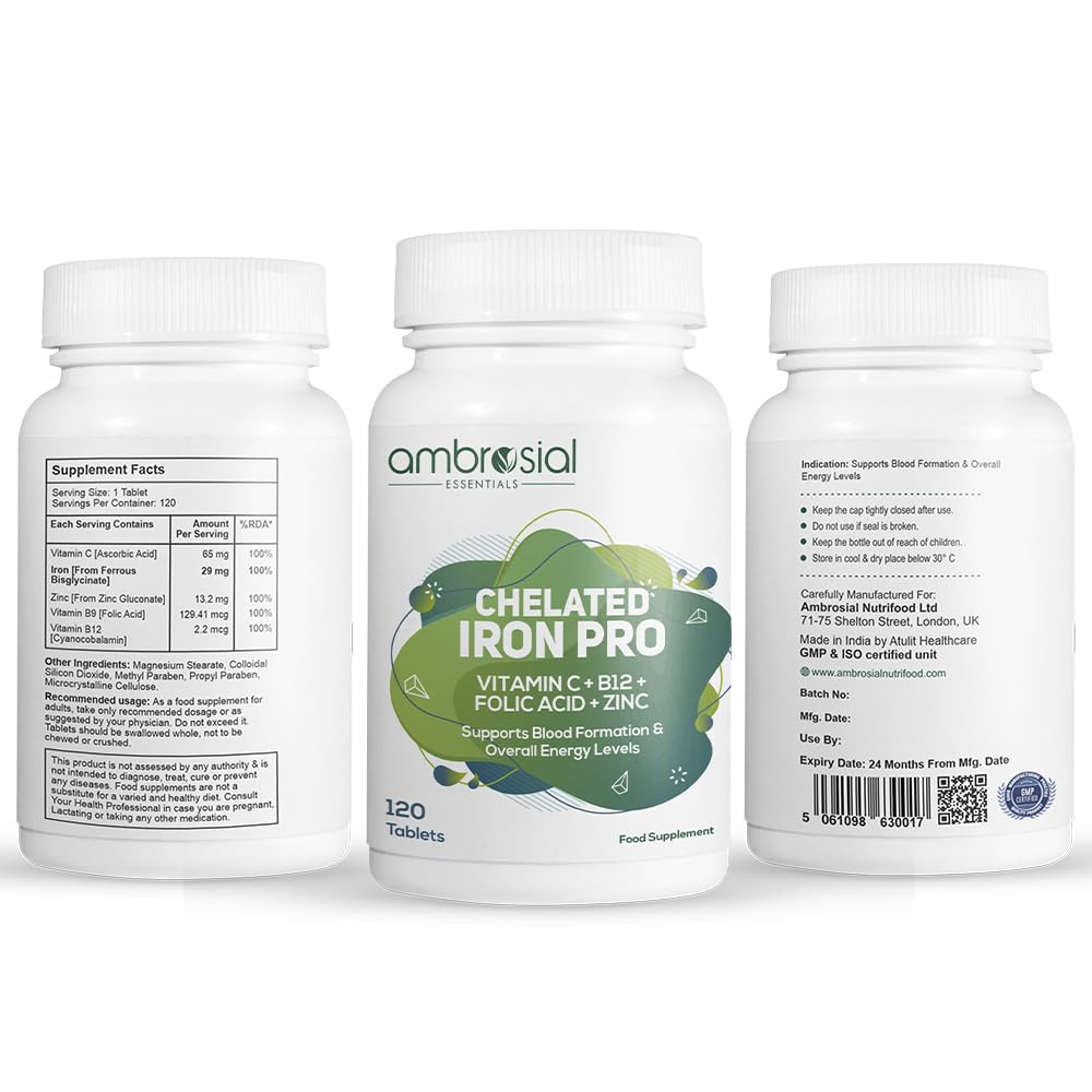 AMBROSIAL Ambrosial Chelated Iron Pro with Vitamin C, B12, Folic Acid & Zinc – Gentle on Stomach | Iron Supplement for Daily Use | 120 Veg Tablets