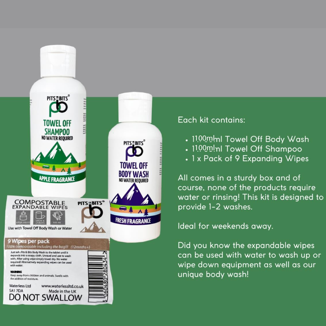 Pits and Bits Filthy Festival Wash Kit - no rinse shampoo 100ml / rinse free body wash 100ml and 9 pack compostable expanding wipes. The ultimate camping essential x 1Kit