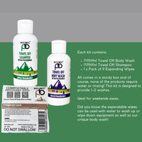 Pits and Bits Filthy Festival Wash Kit - no rinse shampoo 100ml / rinse free body wash 100ml and 9 pack compostable expanding wipes. The ultimate camping essential x 1Kit