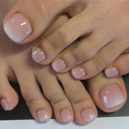KQueenest French Tip Toe Nails False Short Square, Ombre Pink Fake Toe Nails, Natural Gradient Color Press on Toes Nail, Acrylic Toe Press on Nail for Women Summer Beach Daily Wear in 24 Pcs