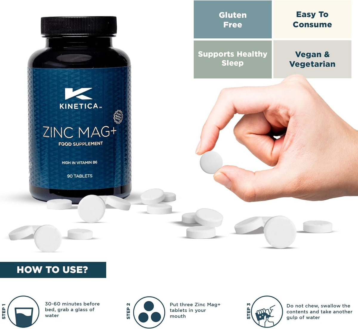 Kinetica Sport Zinc Mag + | 30 Servings, 90 Tablets | 420mg Magnesium, 16.5mg Zinc/Serve | Contains Selenium, Vitamin B6&C | Sleep Aid ZMA Supplement for Men & Women | WADA & Informed Sport Approved