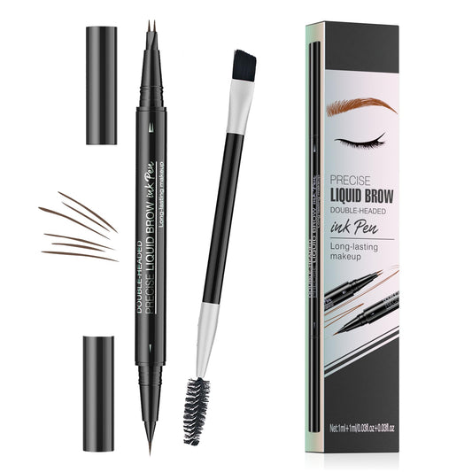 Microblading Eyebrow Pen, 2-in-1 dual-ended long-lasting eyebrow pencil, featuring micro-blade tip and precision brush tip, newly upgraded dual-ended makeup, creates natural eyeliner eyebrows (brown)