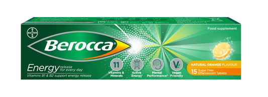 Berocca Vitamin C Effervescent Tablets, with Magnesium, Vitamin B12 and Vitamin B Complex (B1, B2, B3, B5, B6, B7, B9 and B12), Orange Flavour Tablets, 15 Tablets