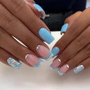 AVZXXKUF 24PCS French Square False Nails with Rhinestone Design Romantic and Elegant Medium Press on Nails Glossy Fake Nails Full Cover Acrylic Nails for Women or Girls