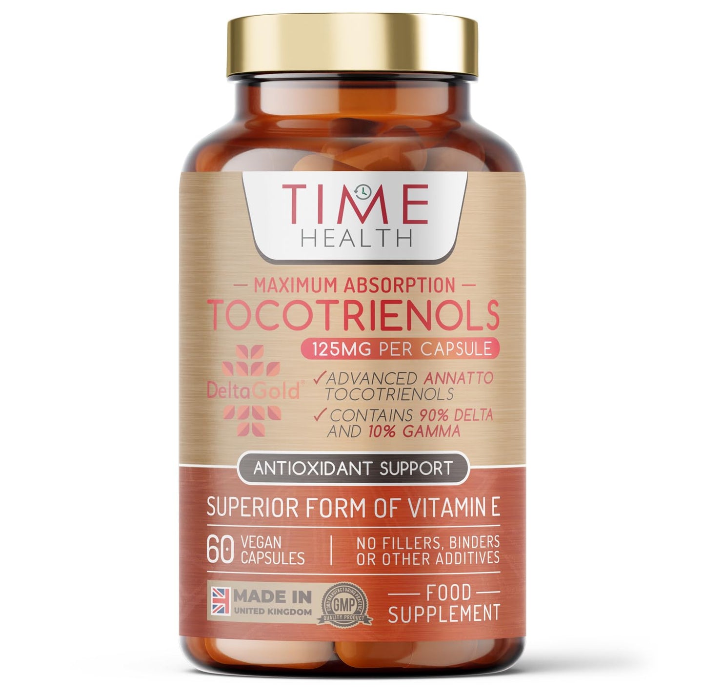 Time Health DeltaGold® EAnnatto Tocotrienols - 125mg x 60 Capsules - 50X Enhanced Effectiveness Compared to Standard Vitamin E - Membrane, Heart & Antioxidant Support - Tocopherol Free - UK Made - GMP Standards