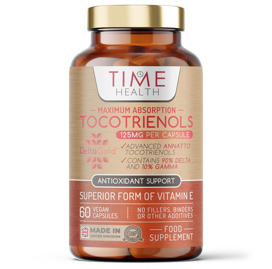 Time Health DeltaGold® EAnnatto Tocotrienols - 125mg x 60 Capsules - 50X Enhanced Effectiveness Compared to Standard Vitamin E - Membrane, Heart & Antioxidant Support - Tocopherol Free - UK Made - GMP Standards