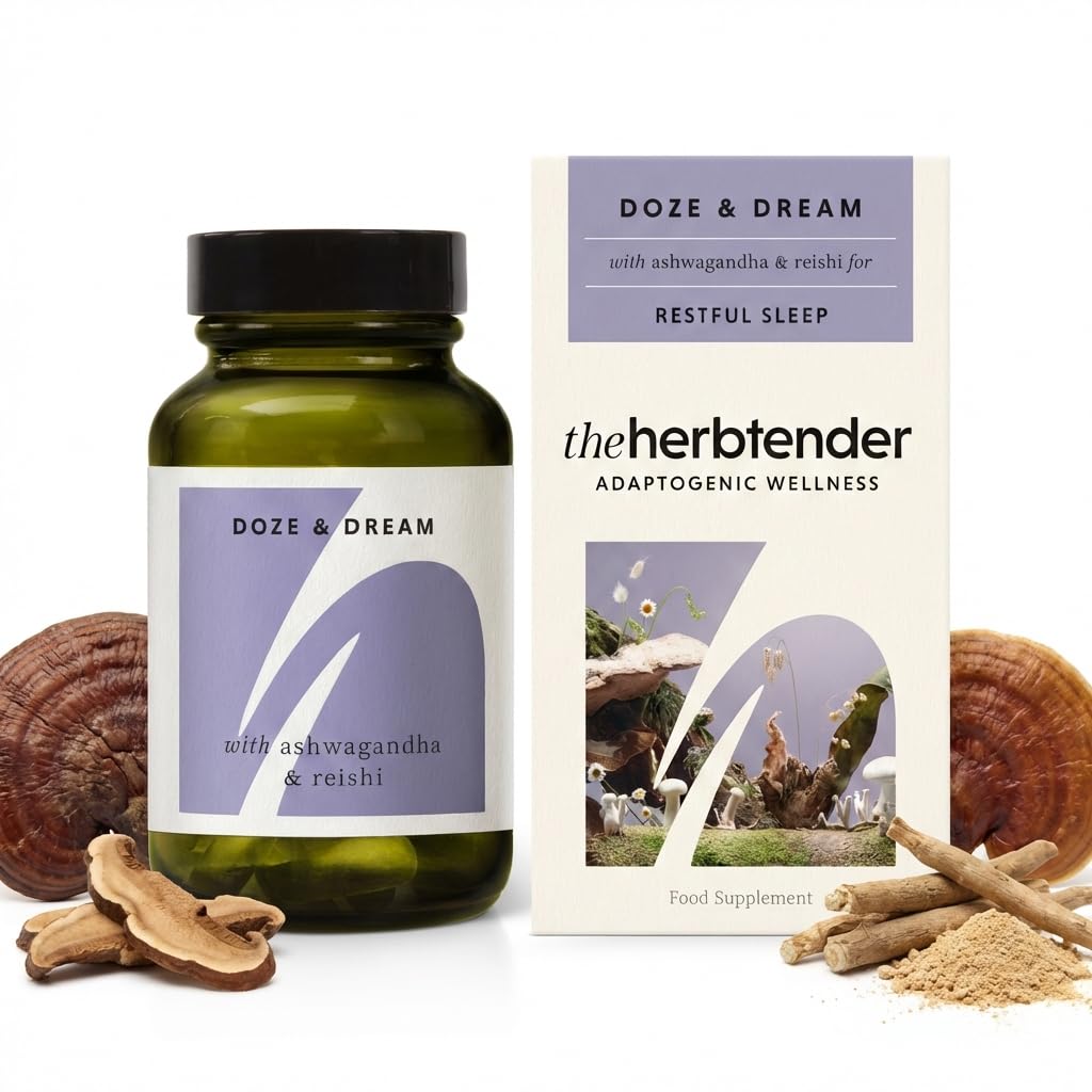 The Herbtender Ashwagandha & Reishi Sleep Supplement – Doze & Dream 60 Capsule Jar - Ashwagandha Capsules High Strength - Reishi Mushroom Capsules - Natural Herbal Sleep Support Tablets for Adults