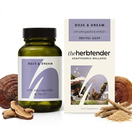 The Herbtender Ashwagandha & Reishi Sleep Supplement – Doze & Dream 60 Capsule Jar - Ashwagandha Capsules High Strength - Reishi Mushroom Capsules - Natural Herbal Sleep Support Tablets for Adults