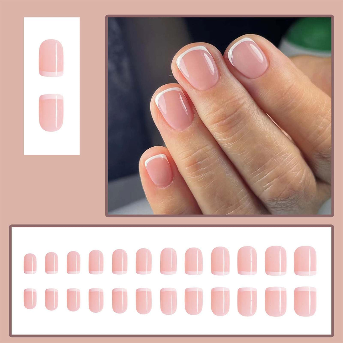 OunTechGlory French Tip False Nails Set - 24Pcs Short White Press on Nails with Glue - Glossy Full Cover Stick on Nails - DIY Nail Art Kit for Women