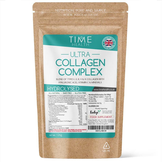 Time Health Ultra Collagen Complex - 126g Powder - Hydrolysed - Types I, II, III, V & X Collagen, Hyaluronic Acid, Vitamin C & Minerals - Made with VERISOL - Grass Fed - UK Made - GMP Standards