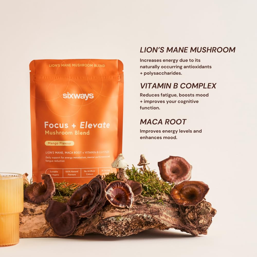 Sixways Lion's Mane Mushroom Powder, Mango, High Strength Lion's Mane, 30 Servings (150g), Sixways Focus & Elevate, Maca Root Mushroom Blend, Maca Root, Nootropics, Vitamin B12, Vegan