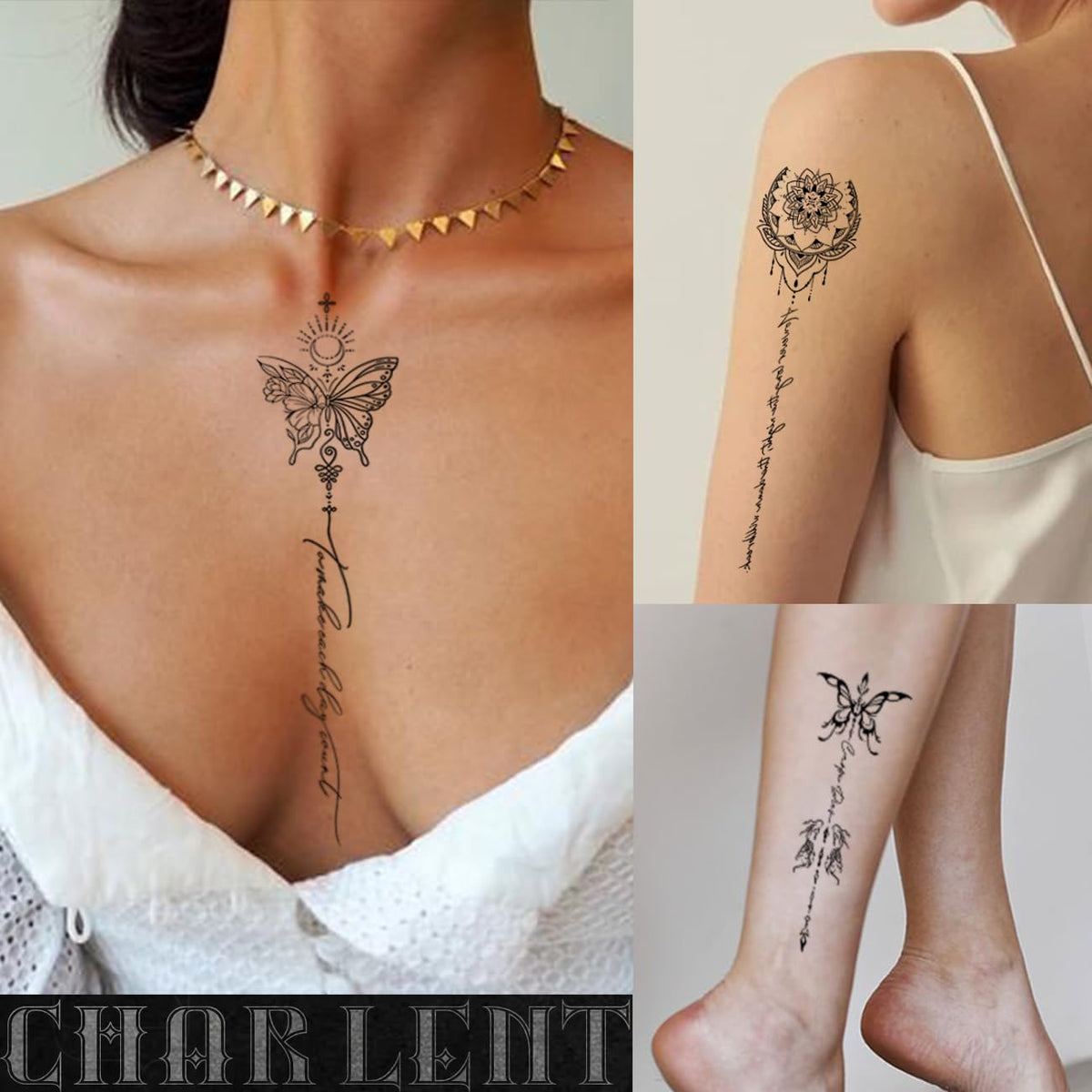 CHARLENT Temporary Tattoos for Women Girls - 45 Pcs Line Flower Words Sketch Realistic Long Last Fake Tattoo Waterproof Minimal Line Art Tattoo for Arm Backbone Leg Body