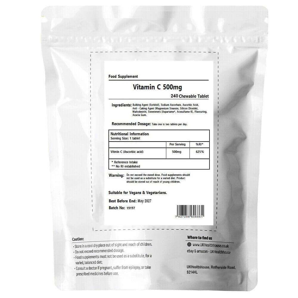 UKHealthHouse Vitamin C 500mg Chewable 240 Tablets Immune Support Orange Flavour High Strength Antioxidant Contributing to The Reduction of Tiredness