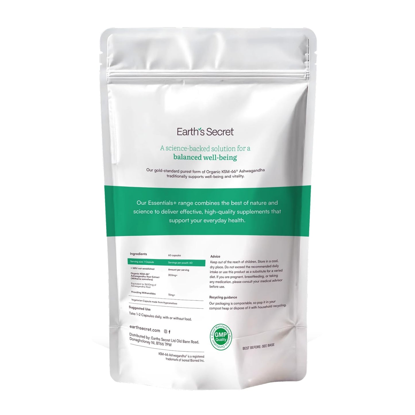 Earths Secret KSM-66® Ashwagandha Capsules 300mg - Full-Spectrum Root Extract - Supports Calm, Emotional Balance, Mental Focus, Restful Sleep - Made in UK - 2 Month Supply - 60 Vegan Capsules