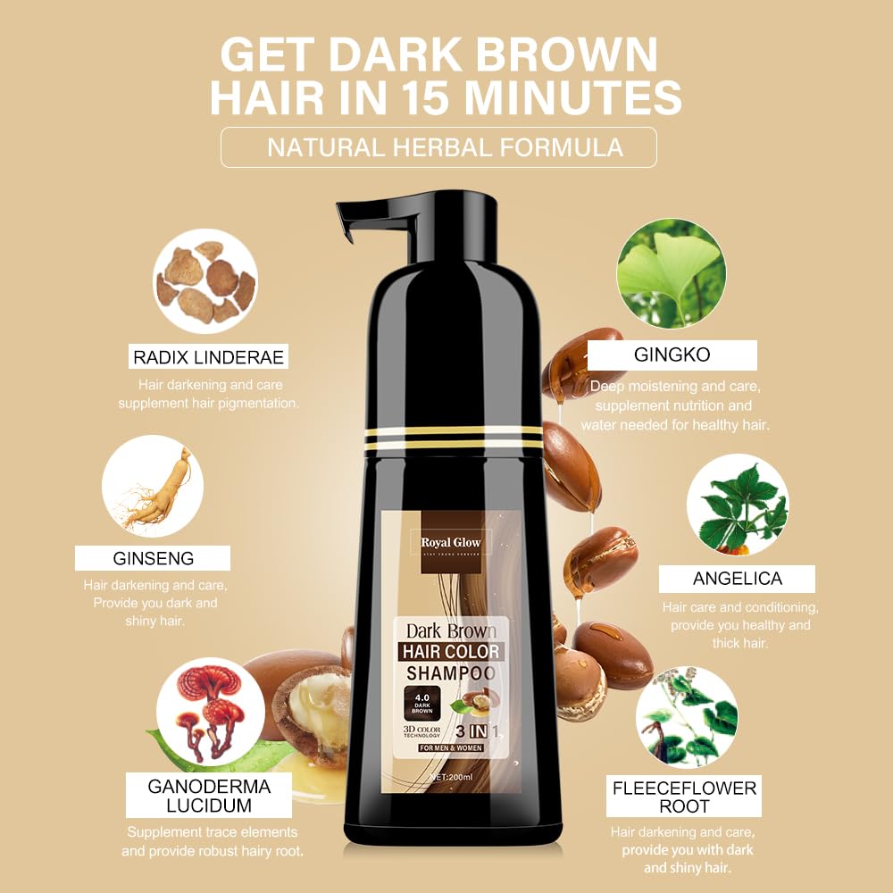Royal Glow Hair Colour Shampoo For Men & Women | 5-Minute 200ml | Natural Ingredients | Vitamin B5 | 3-in-1 (Dark Brown)