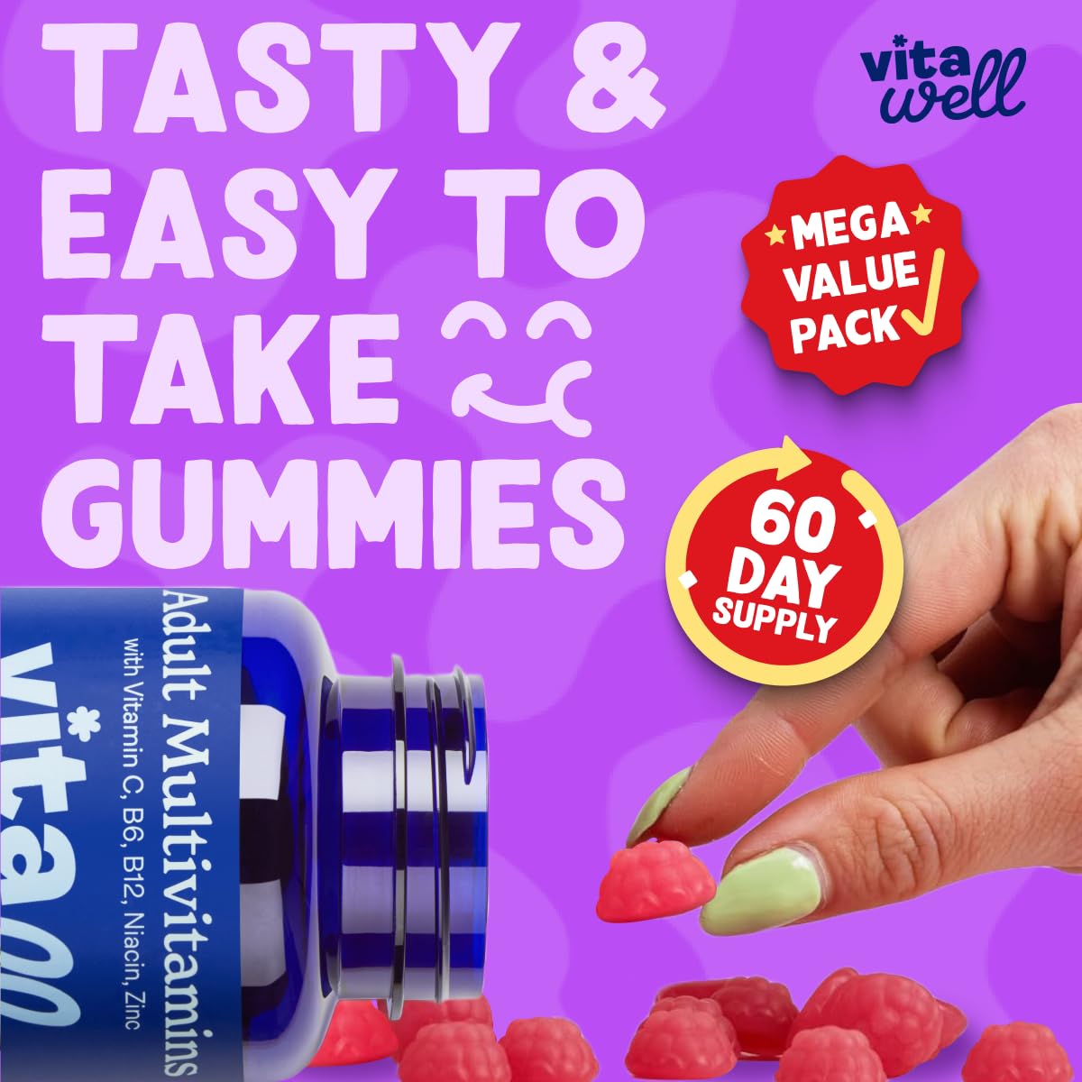 Vitawell Adult Multivitamin Gummies - 120 Raspberry Flavour Gummies (2 Month Supply) | Complex Vitamin D Formula | Chewable Multivitamins for Men & Women | Immune Support | 10 Essential Adult Vitamin