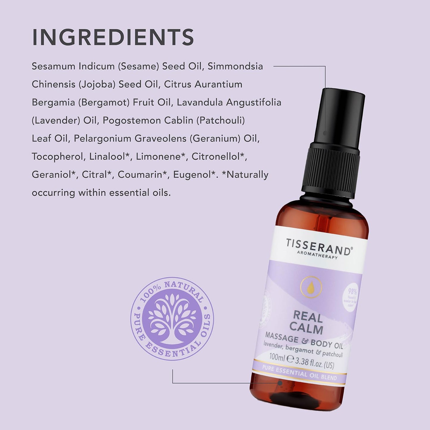 Tisserand - Real Calm Massage & Body Oil - 100% Pure Essential Oil - Lavender, Bergamot, and Patchouli - Calming Aromatherapy - 100ml