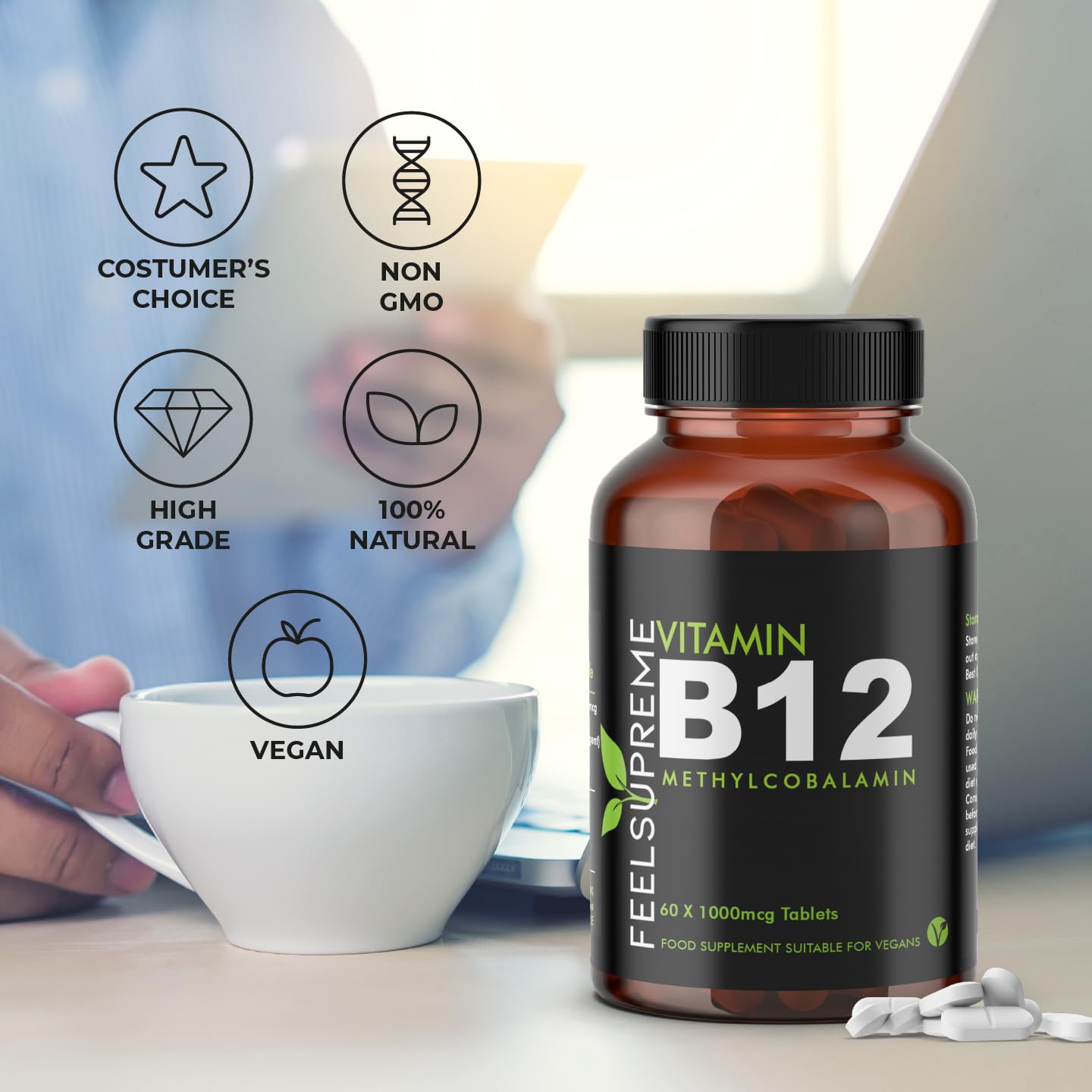 Feel Supreme Vitamin B12 1000mcg Tablets High Strength - Methylcobalamin B12 Supplement - Energy, Immune Support & Brain Function - Vegan Vitamin B12 Tablets for Men & Women - 60 Tablets UK Made