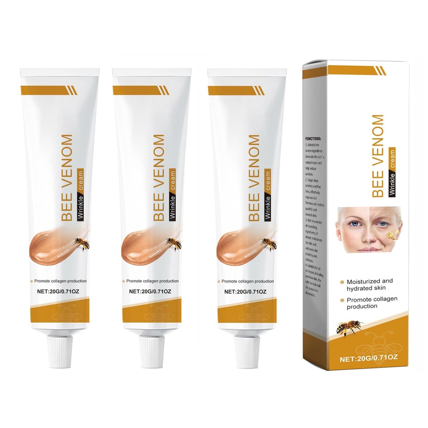 JCGJC 3PCS Bee Venom Wrinkle Removal Cream, Anti Wrinkle Anti Aging Bee Venom Face Cream, Moisturizing, Lifting & Recovery for All Skin Type