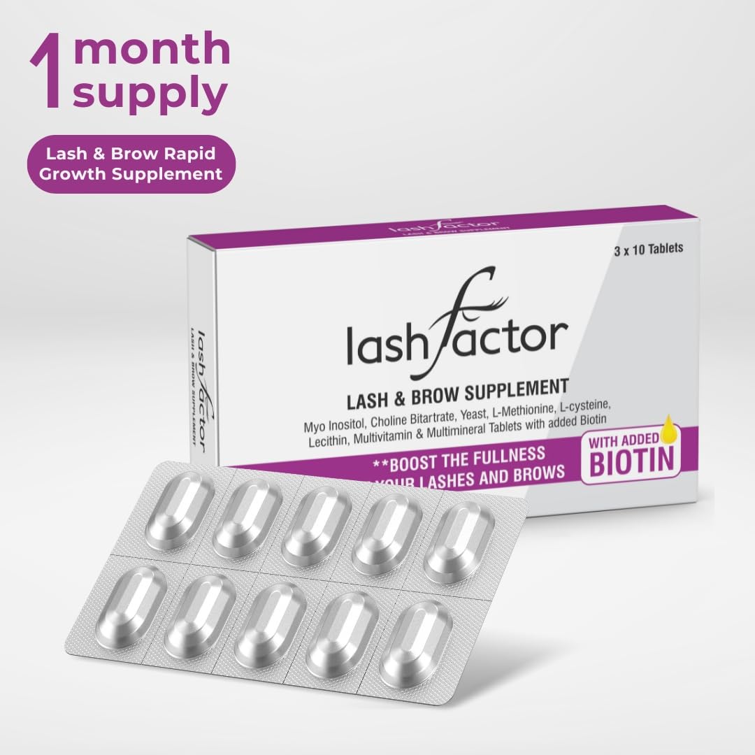 Lashfactor Biotin Supplement for Lash & Brow Hair Growth – Vegan Biotin Supplement for Fuller, Healthier Lashes & Brows - Enriched with Essential Vitamins & Minerals (1 Month Supply - 30 Tablets)