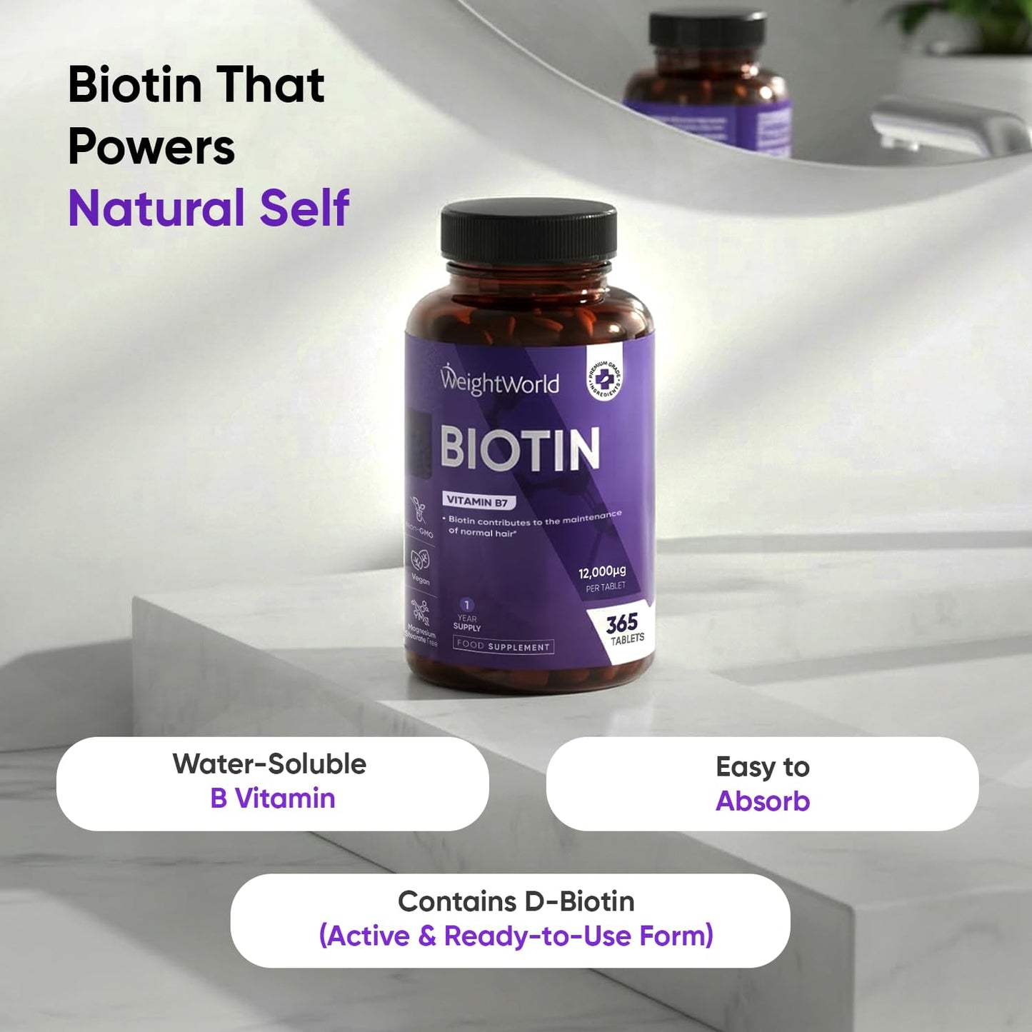 WeightWorld Biotin Tablets - 365 Vegan Tablets - 1 Year Supply - 1 Tablet per Day - 12000mcg Biotin Supplements - Travel-Friendly, Non-GMO & Magnesium Stearate-Free Vitamin B7 Supplement