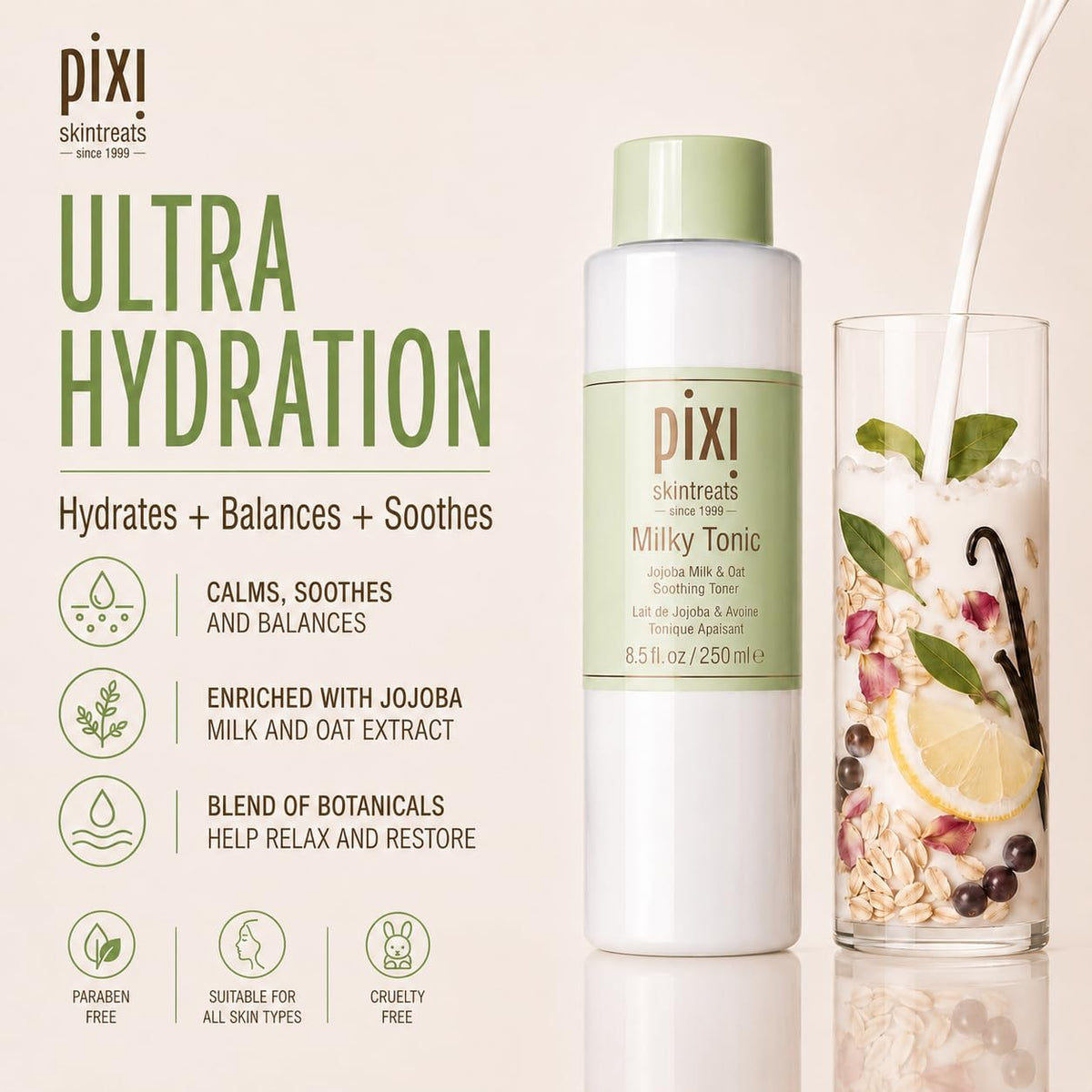 Pixi Milky Tonic, Calming & Hydrating Tonic Containing Jojoba Milk, Infused with Oat Extract to Soothe, Alcohol-Free Daily Nourishing Toner, 8.5 fl oz/ 250 mL