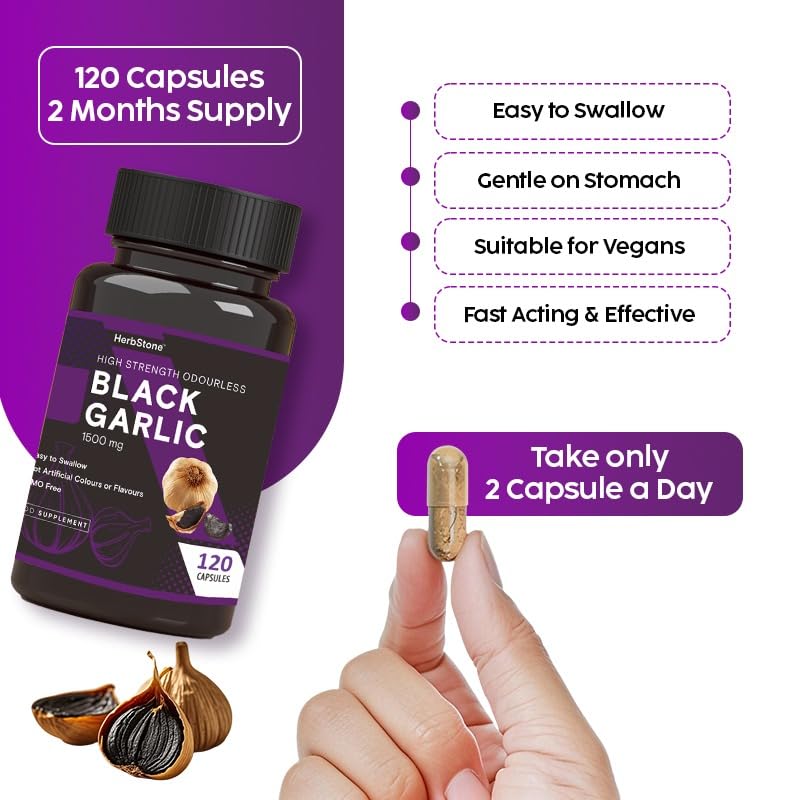 HerbStone HERBSTONE Black Garlic Capsules 1500mg High Strength | 120 Odourless Vegetarian Capsules | Aged Black Garlic Extract Supplement | Supports Heart Health, Cholesterol & Circulation | UK Formula