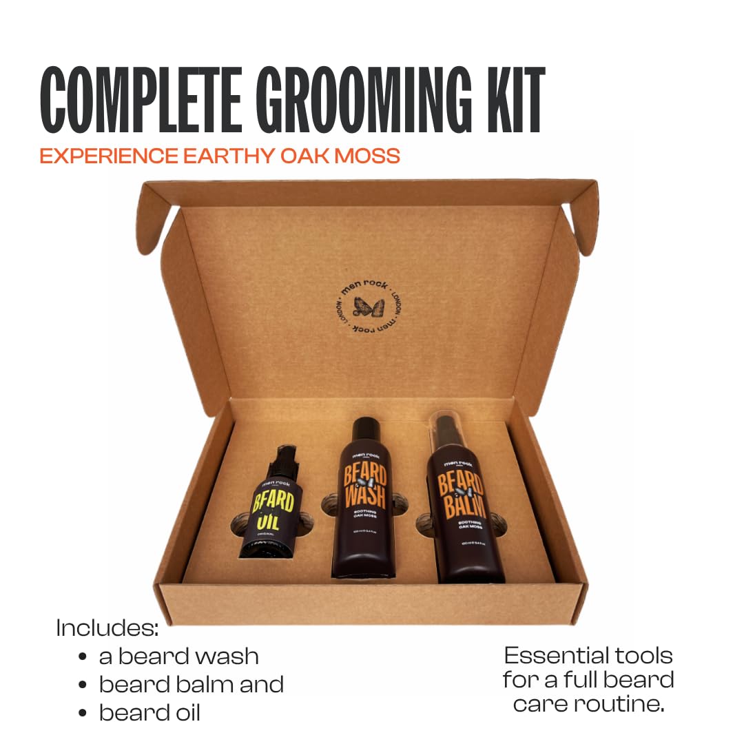 Men Rock Beard Kit with Beard Shampoo, Beard Balm & Beard Oil – Beard Grooming Kit for Men – Luxury Beard Growth Kit & Beard Care Kit for Men – Oak Moss Beard Moisturiser & Beard Softener Gift Set