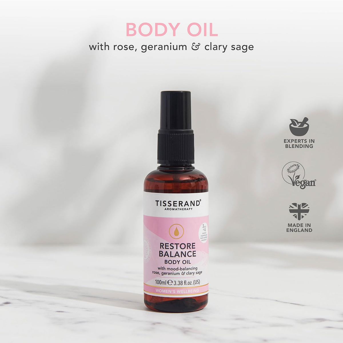 Tisserand Aromatherapy - Restore Balance Body Oil - Perimenopause, Menopause & Menstruation Support for Women - Rose, Clary Sage & Geranium - 100% Natural Essential Oils - 100ml