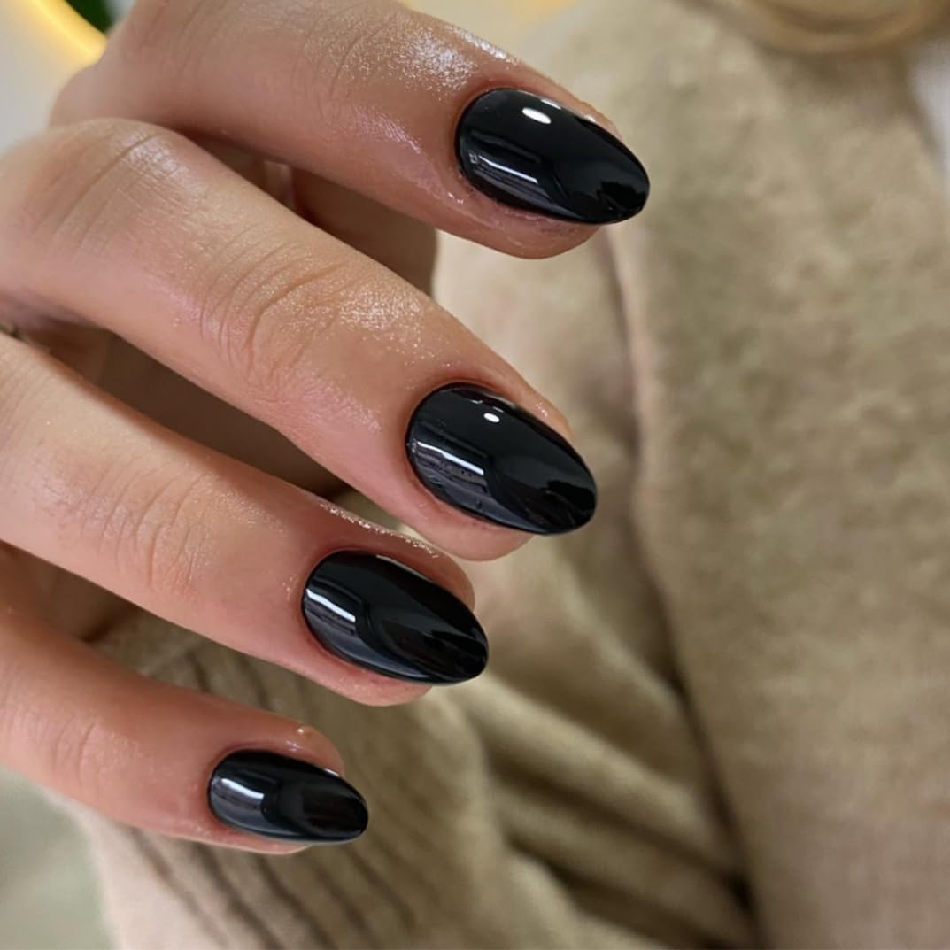 SXVME Black False Nails, Simple Acrylic Press on Nails Short Oval, Black Fake Nails Short, Natural Fit Glossy Solid Gel Full Cover Dark Stick on Nails For Women Fall Winter Wear