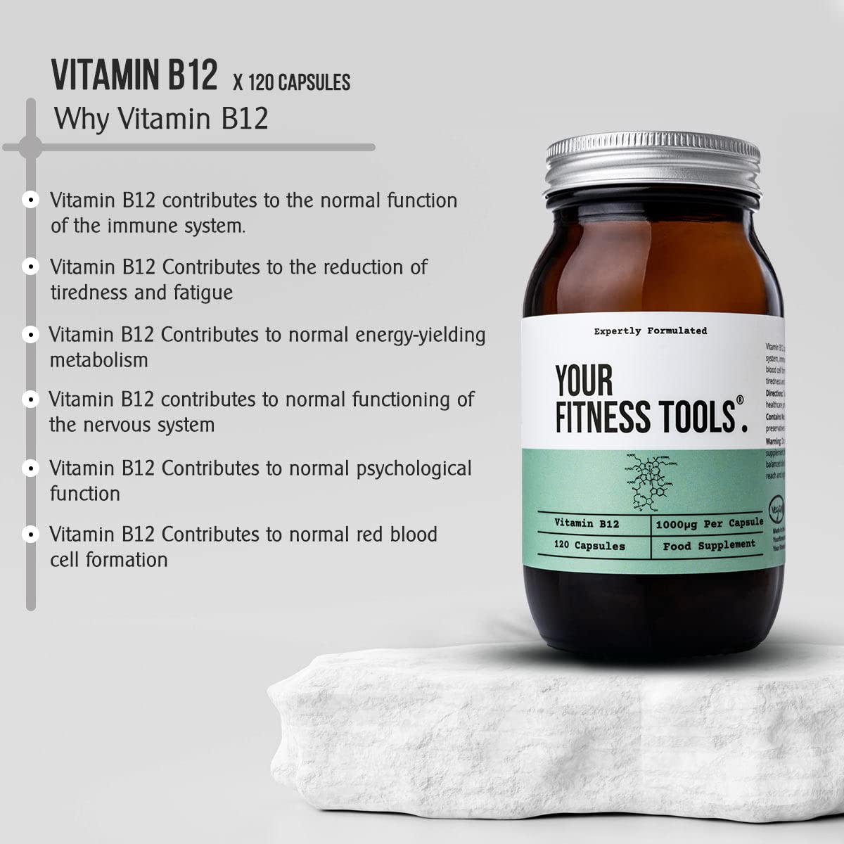 Your Fitness Tools Vegan Vitamin B12 1000MCG | 120 x Methylcobalamin Vegan B12 Capsules | Contribute to The Reduction of Tiredness and Fatigue | Made in The UK