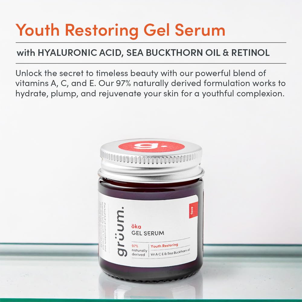 grüum Youth Restoring Skin Gel Serum 30ml - Vitamin C Serum for Anti aging Glow Serum - Face Serum for women with Hyaluronic Acid, Sea buckthorn oil & Retinol
