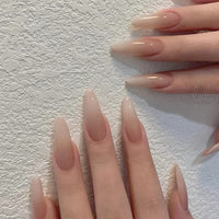 Albiuev 24PCS Long False Nails with Glue Stickers,Almond Full Cover Acrylic and Press on Nails no Glue,Pure Gradient French Fake Nails Stick for Women and Girls Nail Art