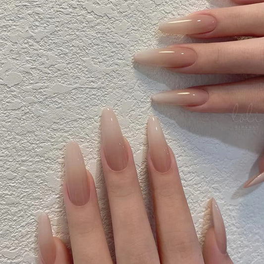 Albiuev 24PCS Long False Nails with Glue Stickers,Almond Full Cover Acrylic and Press on Nails no Glue,Pure Gradient French Fake Nails Stick for Women and Girls Nail Art