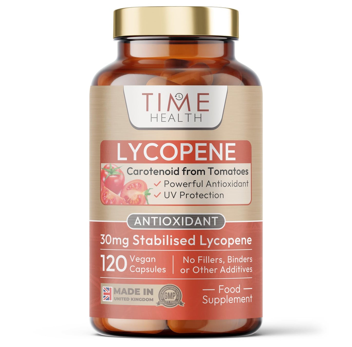 Time Health Lycopene – 30mg per Capsule – Stabilized, Microencapsulated Formula – Tomato Extract – Vegan – Zero Additives (120 Capsules)