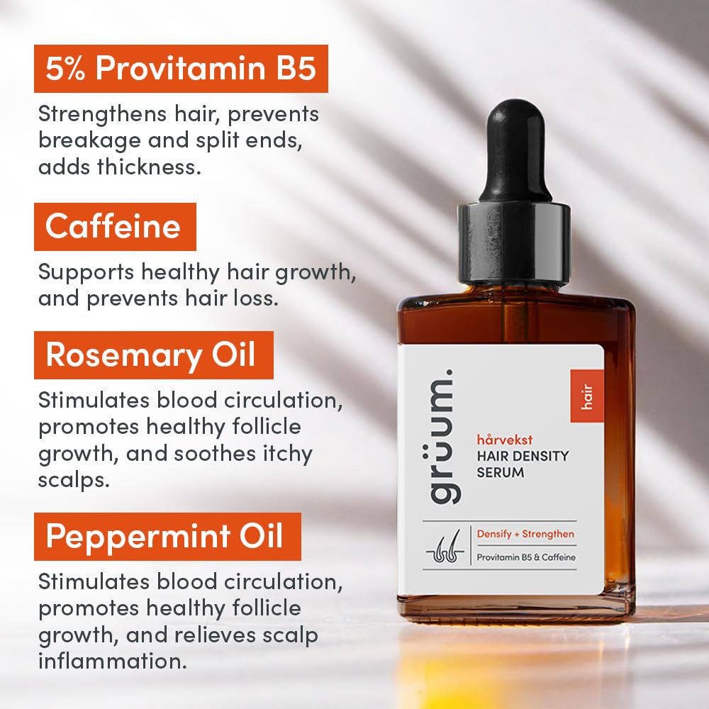 grüum Hair Density Serum 30ml - Lightweight Leave in Caffeine Hair Growth Serum for Thick, Denser & Healthy Looking Hair - Anti Hair Loss Scalp Serum for Men & Women with 5% Provitamin 5 and Caffeine